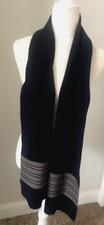 Knit Striped SCARF Muffler 10X69 Navy Blue Beige Men Women Stretch Wool Look
