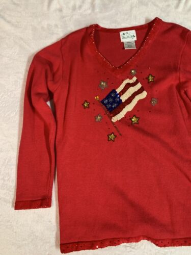 The Quacker Factory QVC Sweater Womans sz M Red Sequin Flag USA Pullover - Picture 2 of 11