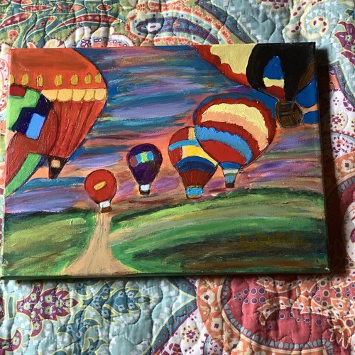 Original Kunst signiertes Gemälde bunte Heißluftballons Landschaft 9x12 Leinwand - Bild 2 von 7