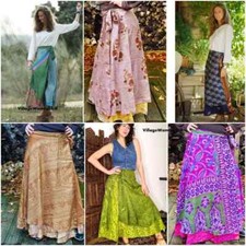 15 PC Vintage Silk Sari Magic Wrap Around Frill Skirt Dress Wholesale Lot Indian