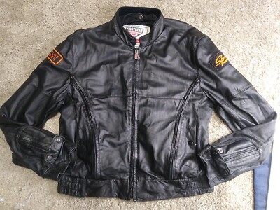 First Gear Hein Gericke Heavy Leather Motorcycle Jacket Harley Patches Sz L