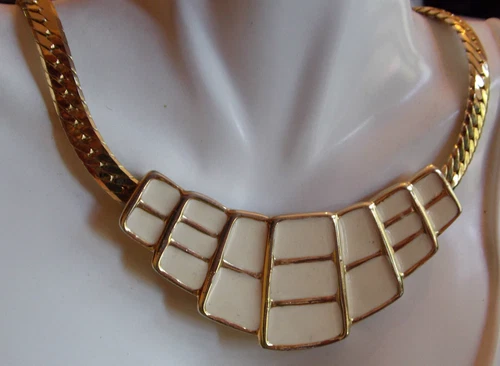 OFF WHITE Fantastica collana catena spina di pesce larga collare smaltato bianco sporco tono oro