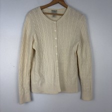 LL Bean Cable Knit Cardigan Ivory Lambswool Womens Large Fisherman Classic Prep