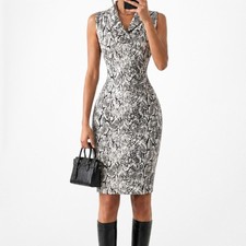 Vintage Y2K Animal Print Knit Gray Knee Length Bodycon Cocktail Dress Size 4/M
