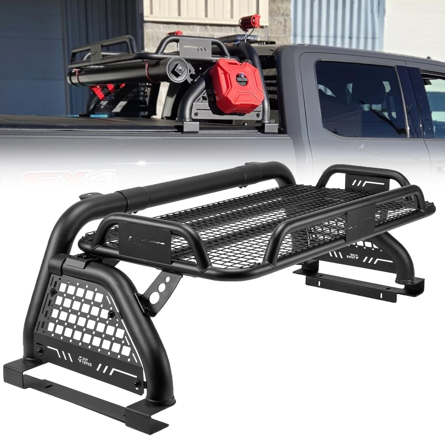 Full-Size Rear Rack Truck Bed Roll Bar w/ Cargo Basket for F