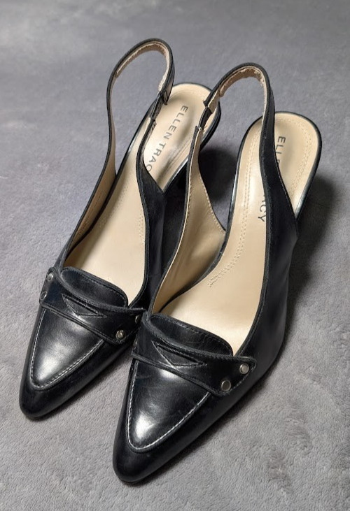 Ellen Tracy Womens Delaney Pump Heel Black Leather Slip On Pointed Toe Sz 7.5M