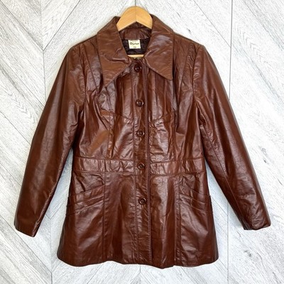 Vintage 70s Brown Leather Trench Style Jacket Wide Collar Womens M/L Retro Boho