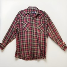 VTG Panhandle Slim Western Shirt Men  s 16.5-35 Red Black Plaid Pearl Snap USA
