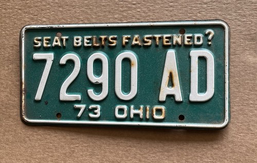 1973 Ohio OH License Plate Seat Belts Fastened 7290 AD