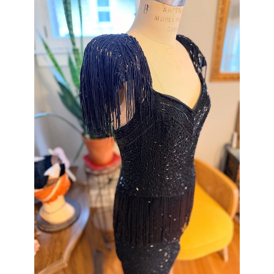 Lillie Rubin Vintage 80s Black Beaded Fringe Embellished Cocktail Dress Size 10 - Image 3 of 4