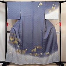 Vintage Japanese Silk Kimono Robe   Blue Gray Gold Pine Mist