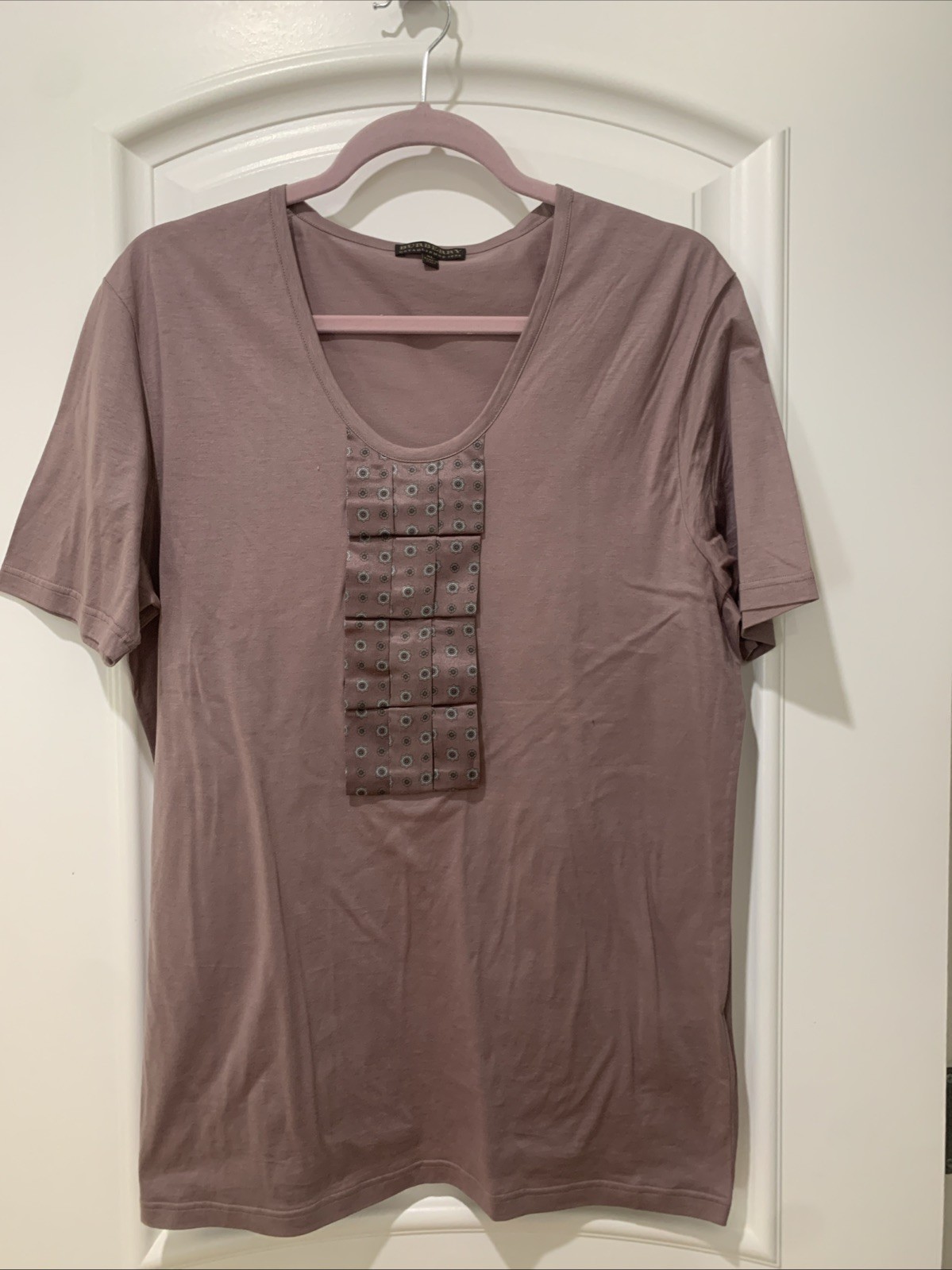 VINTAGE BURBERRY LILAC SHORT SLEEVE PRINTED RUFFLED FRONT SHIRT T-SHIRT XL ITALY image 4