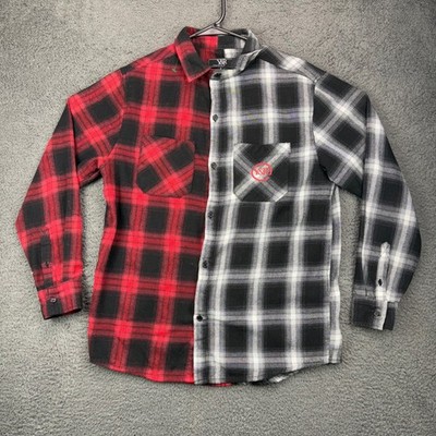 Young & Reckless Mens Small Split Plaid Flannel Shirt Red Grey RCKLSS Graphic