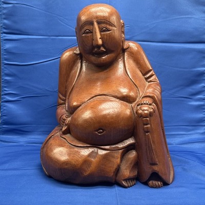 Vintage Large 14  Tall Hand Carved Laughing Happy Buddha Wood Wooden Statue
