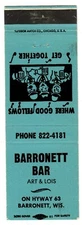 BARRONETT BAR matchcover matchbook - BARONETT, WISCONSIN