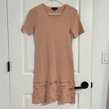 Ann Taylor Dusty Pink Knitted Short Sleeves Embroidered Hem Dress Sz XXS