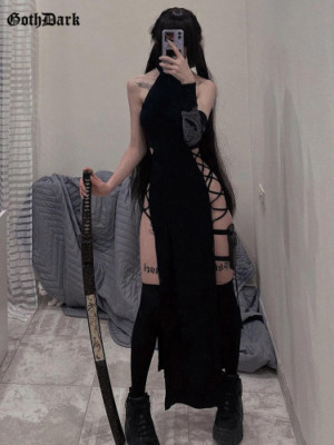 Goth Dark Cosplay HighSplit Sexy Bandage Women Dresses Gothic Halter Slim Dress