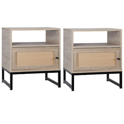 Set of 2 End Tables Natural Rattan Bedside Table Accent Table with Storage Oak 