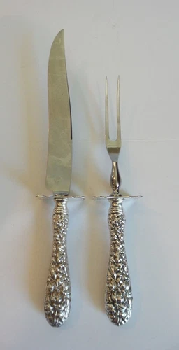 2-Piece Stieff ROSE Repousse Sterling Silver Med. Roast Carving Set, 270 grams