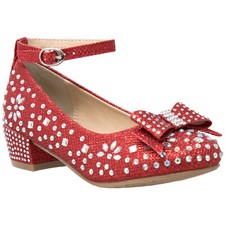 SOBEYO Kids Dress Shoes Girls Glitter Rhinestone Bow Accent Mary Jane Pumps Red