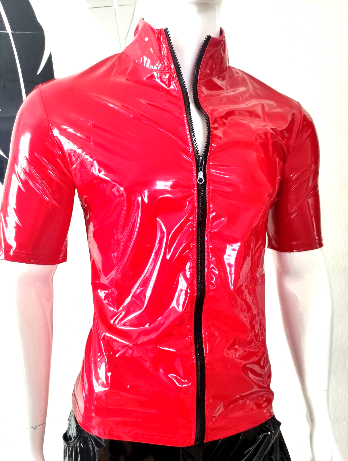 ALTRA Camicia New for Men pelle verniciata lucida manica corta vernice sexy cerniera lucida a specchio Red 5XL