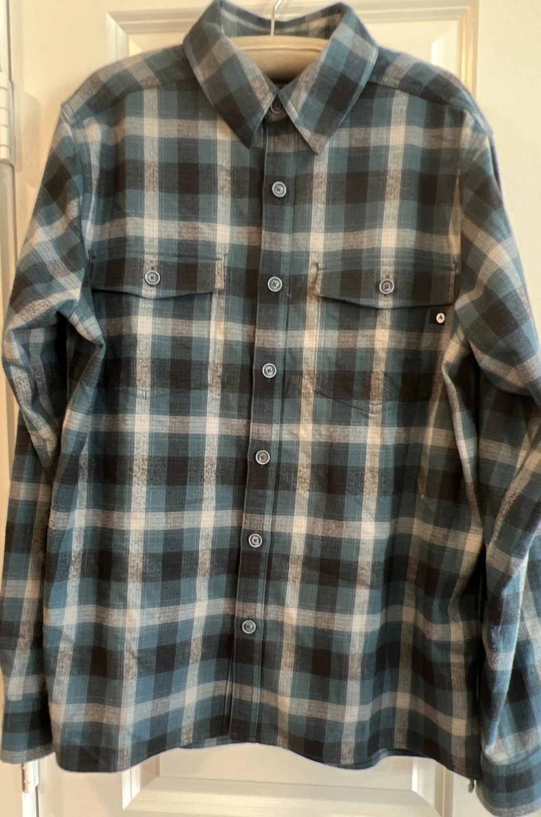Marmot Shirt Mens Large Blue Plaid Flannel Button Down Long Sleeve Outdoor EUC