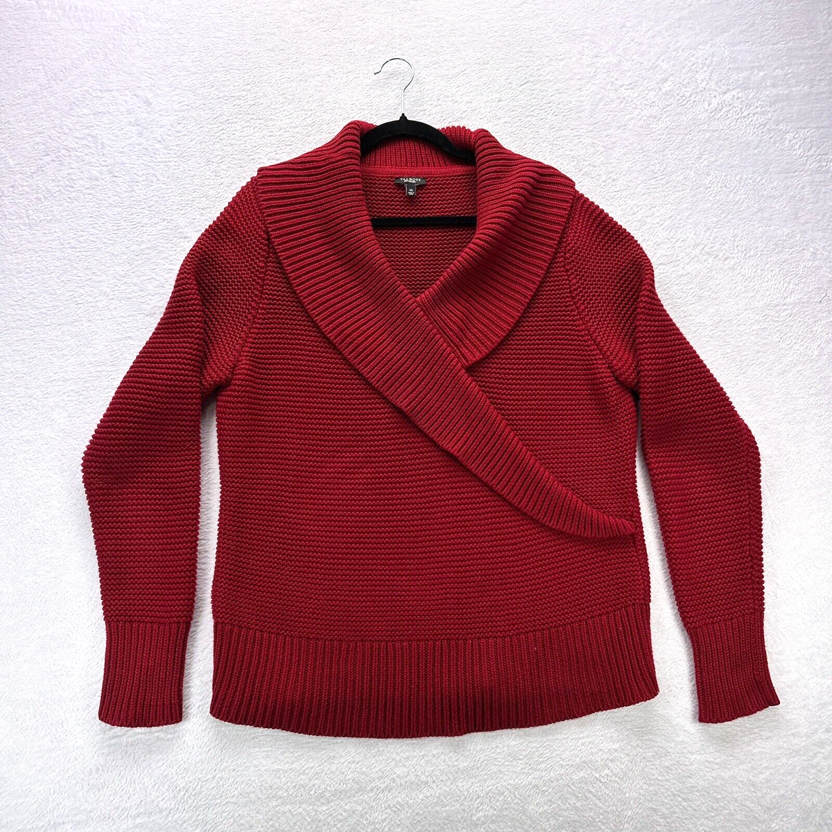 Talbots Knit Sweater Womens XL Red Shawl Neck Faux Wrap Pullover