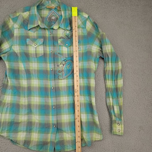 Wrangler Women's Large Plaid Embroidered Pearl Snap Shirt Metallic Threads - Picture 5 of 11