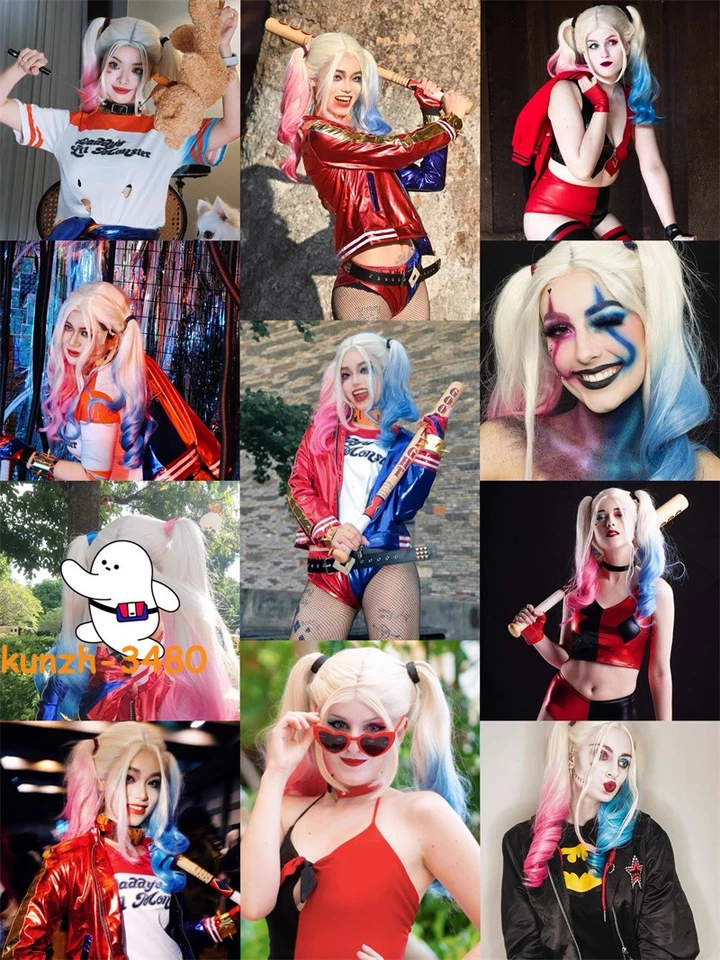 Peluca de disfraces de Halloween Harley Quinn Joker rosa y azul cola de caballo pieza para el cabello hecha a mano Foto 4 de 4