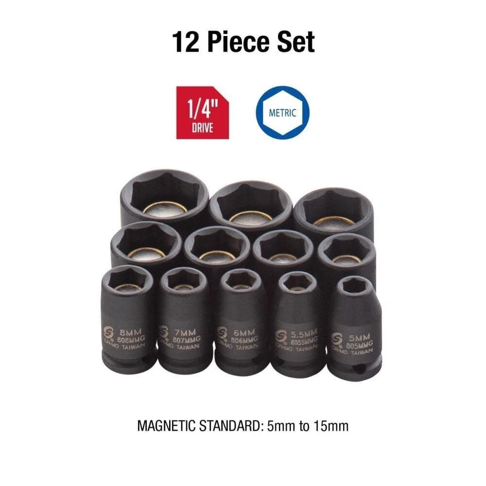 1822, 1/4 Inch Drive Magnetic Impact Socket Set, 12-Piece, Metric, 5mm-15mm, ... - Image 2 of 4