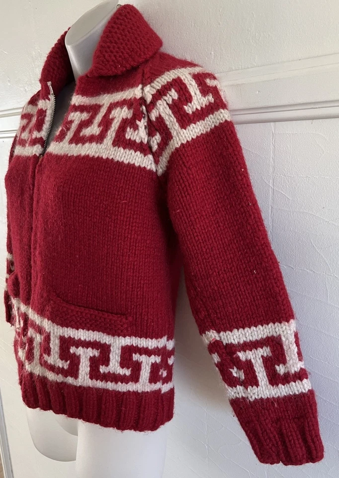 Suéter de Colección Años 60 Cowichan Lana Pesada ROJO MARFIL Tribal Capucha Cuello Garra Cremallera XS Foto 4 de 4