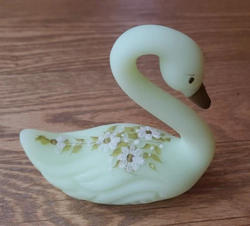 Vintage Fenton Satin Custard Signed Hand Painted Floral Glass Swan Figurine