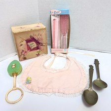 Lot of Vintage Baby Items Bib Brush Set Spoons Box Rattle TLC Lot  A4 