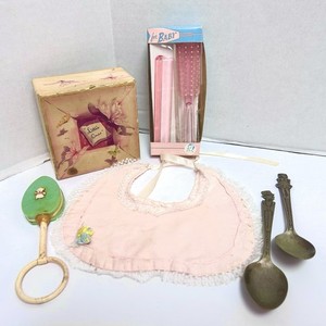 Lot of Vintage Baby Items Bib Brush Set Spoons Box Rattle TLC Lot   (A4)