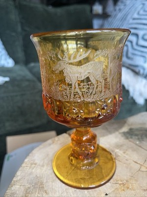 LG right and daisy etched Moose dog and deer Amber glass goblet two goblets