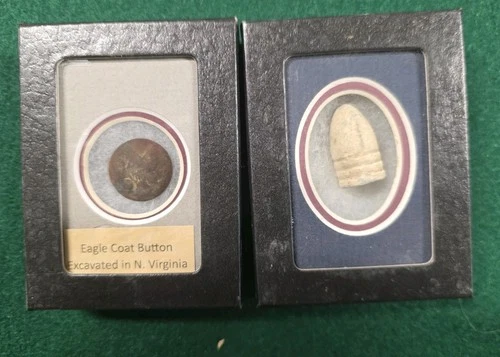 Lot 2 Civil War Relics Eagle Coat Button & .58 Cal Bullet Bentonville NC w/cases