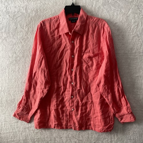 Island Company Mens Button Shirt Solid Coral Pink Medium Linen Long Sleeve