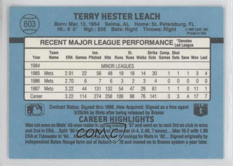 1988 Donruss Terry Leach (Four Lines of Text of Back) #603 - Image 2 of 2