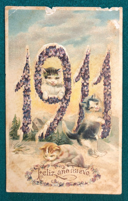 1911 Embossed Feliz Año Nuevo Kittens Postcard   Unused   New Year Greeting