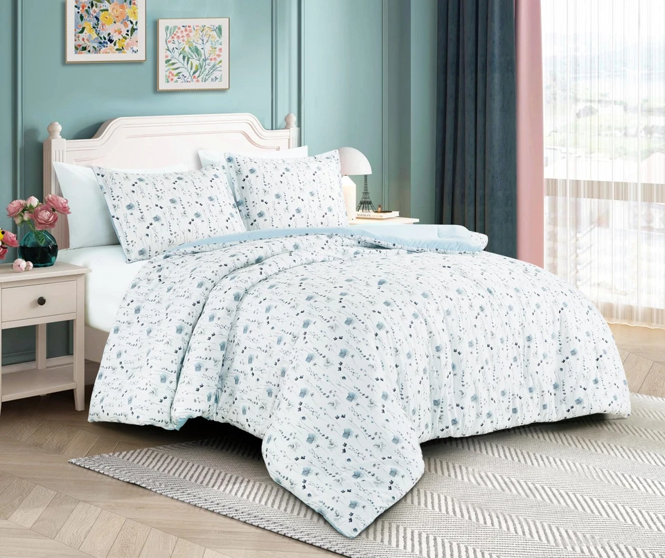 Fran 3-Piece Boho Floral Comforter Set, Full - Blue White Poppy Flower Waterc... - Image 2 of 4