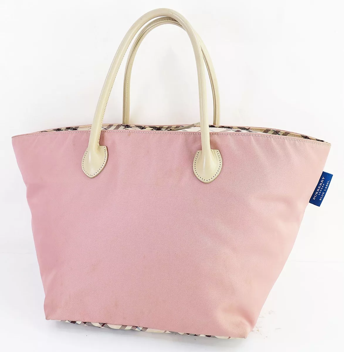 Authentic Burberry Blue Label Nova check Pink Nylon Canvas Leather Handbag  Small