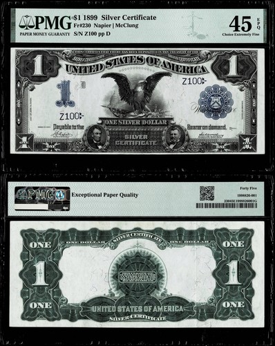 Low Serial Number Z100 Fr. 230 $1 1899 Silver Certificate NOTE PMG CH EF45 EPQ - Picture 2 of 2