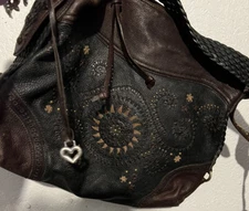 BRIGHTON MONTREAL Hand Stitched Flowered vtg. 2 Toned Western Lg. SHOULDER BAG