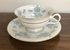 *CASTLETON CAPRICE Cup & Saucer 7 oz Capacity Gold Trim Floral Gray Turquoise 
