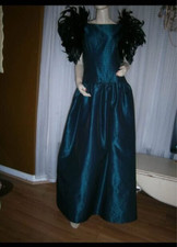 Victor Costa 80s Turquoise Silk, Black Feather gown