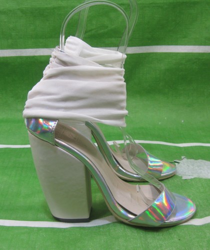 UNIF Pyre Silver white 4.5"block heel Open Toe sexy shoes WOMEN Size 6
