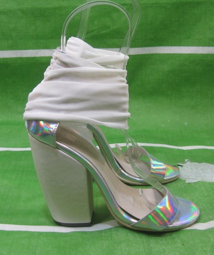 UNIF Pyre Silver white 4.5"block heel Open Toe sexy shoes WOMEN   Size 6 - Picture 1 of 5