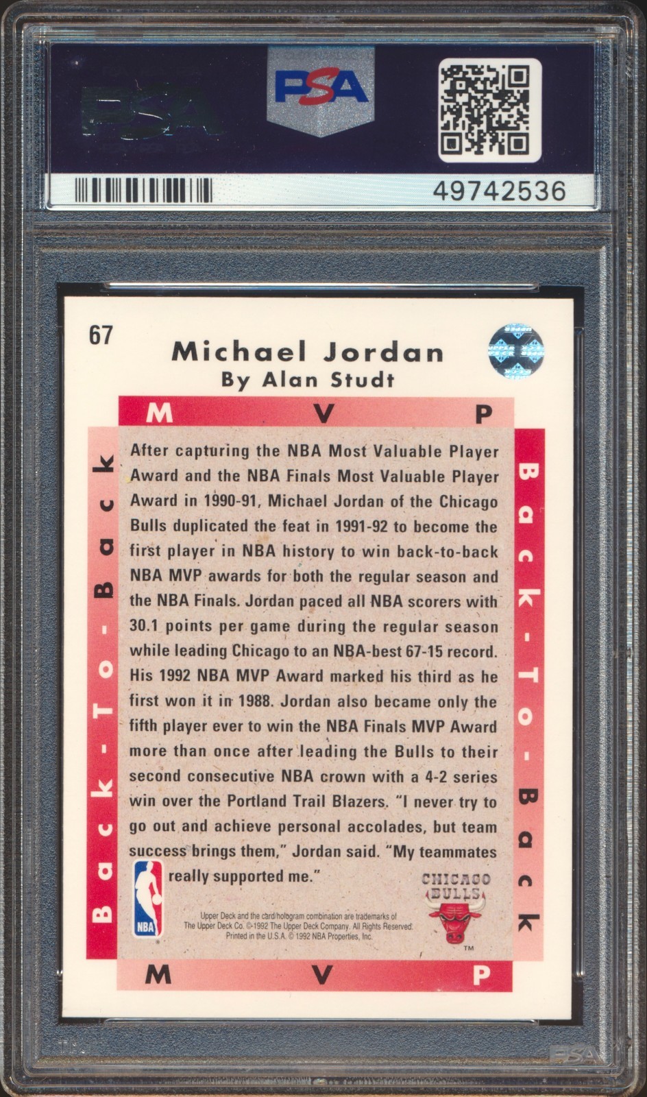 1992 Upper Deck #67 Michael Jordan PSA 10 Gem Mint view 2