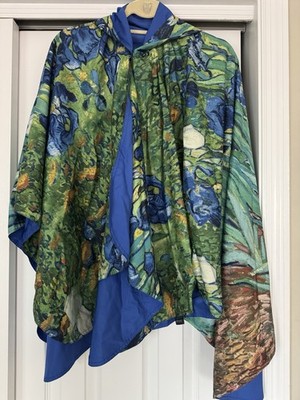 Fine Art Rain Caper Reversible Van Gogh Irises Blue Hooded Button Front Cape OS