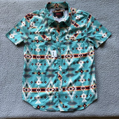 Rock & Roll Denim Pearl Snap Shirt Mens Medium Green Aztec Western Cowboy